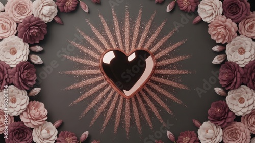 Romantic heart silhouette on dark background, blush pink floral frame with sunburst rays, Valentine love greeting card photo