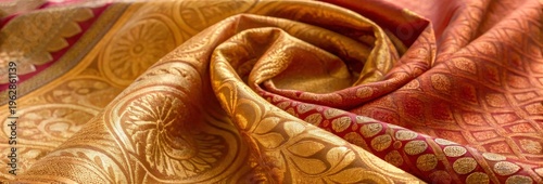 Indian sari weaving displays intricate golden patterns rich orange fabric with elegant floral and geometric designs enhancing traditional textile