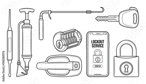 Car lockout service icons and tools for car door opening and repair including lock pick and key fob