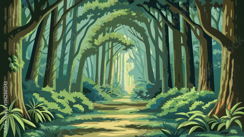 A winding path leads through a lush stylized forest scene