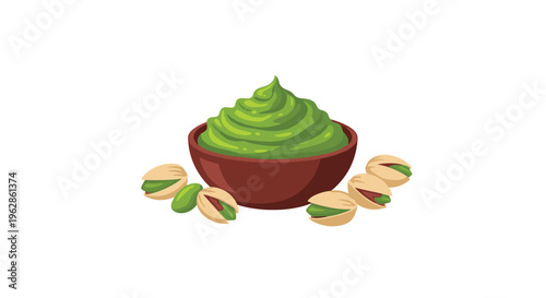 A brown bowl filled with vibrant green pistachio paste sits next to several whole pistachios in shells.