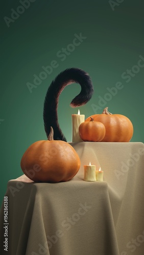 Black Cat Tail Behind Pumpkins and Burning Candles for Halloween Decor