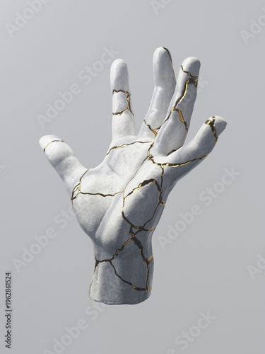 Surreal 3D Render of a Broken Statue Hand Joined with Gold Veins