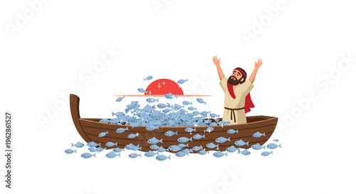 A man in a boat raises arms in praise, surrounded by a huge catch of fish during sunset.