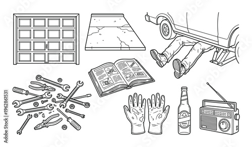 Car repair garage scene with tools, vehicle, open manual and leisure items