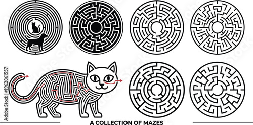 Maze puzzle vector set with circular labyrinth designs and cat illustration challenge game collection isolated design