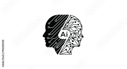 Human head silhouettes graphically illustrate the complex duality between organic thought and artificial intelligence, showcasing intricate circuit board patterns on one side, contrasting with a.