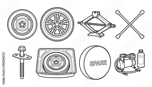 Car spare tire jack lug wrench compressor and tools for roadside emergency tire change