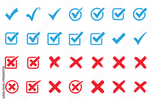 Check mark icons button set. yes or no checkmark sign. Check box icon with right and wrong buttons. black tick box and black cross symbol. Grunge vector checkmark and cross. Grunge green check mark