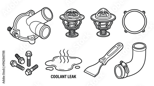 Car thermostat housing gasket coolant leak and pipe with bolts and scraper