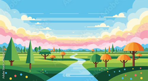 Pixelated landscape depicting a river, trees, and colorful sunset