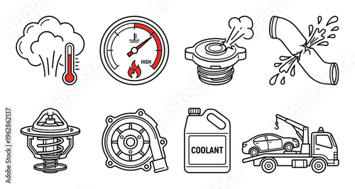 Engine cooling system repair icons featuring overheating gauges radiator cap and coolant container