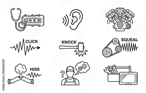 Engine diagnostic icons set featuring mechanical sounds like click knock hiss and squeal for repair