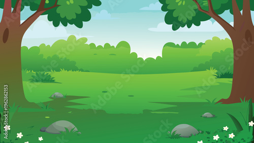 A vibrant green landscape with trees grass and a light blue sky