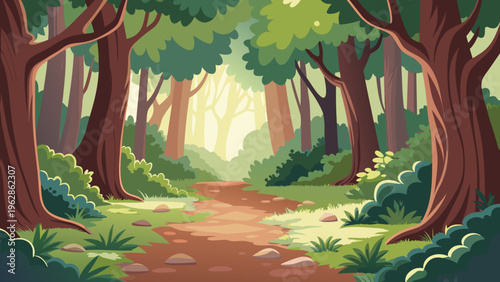 Schilderij op canvas A winding path leads through a lush stylized forest scene