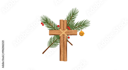 A rustic wooden Christian cross adorned with green pine branches, red berries, and a small golden bell.