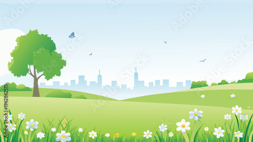 A peaceful park landscape with a distant city skyline