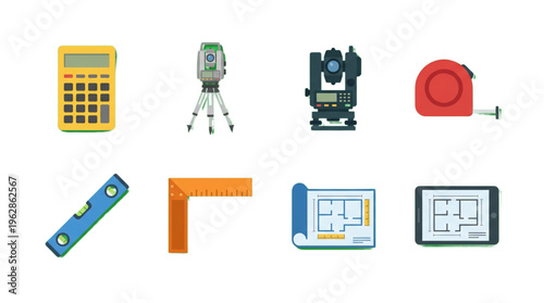 Architectural Engineering Construction Surveying Tools and Blueprints Icons