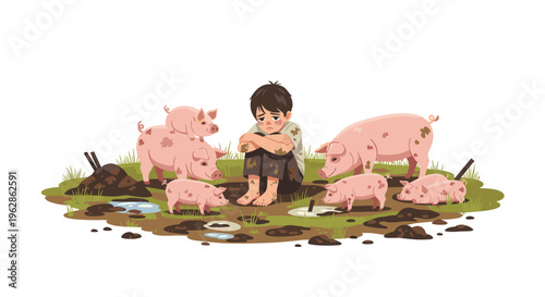 A sad boy covered in mud sits barefoot in a muddy field with puddles, surrounded by pigs.