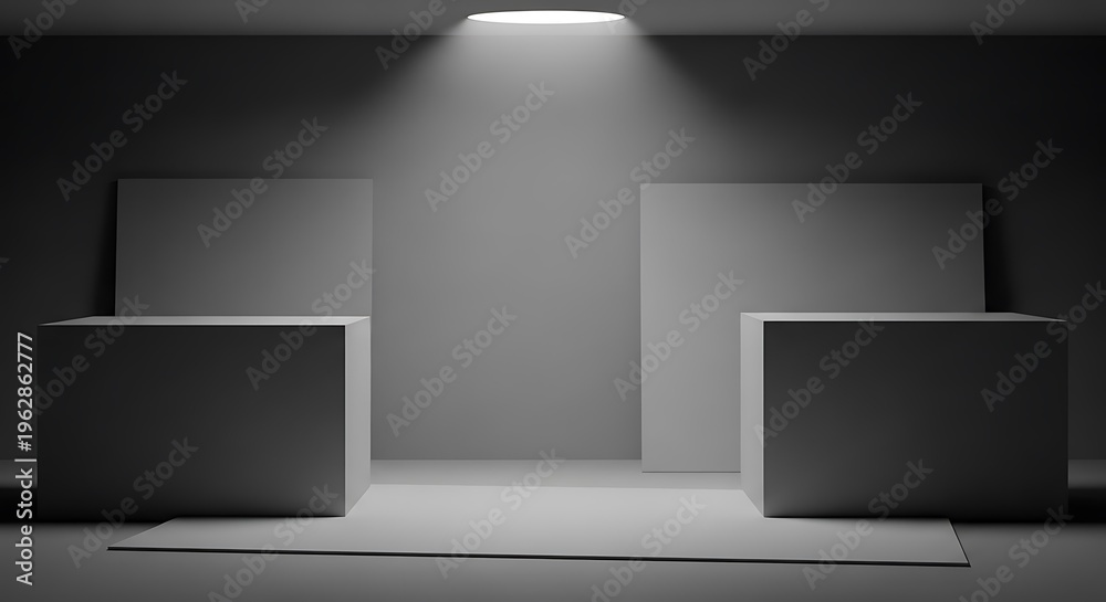 Fototapeta premium Minimalist Stage with Spotlights and Pedestals for Presentation.