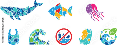 Ocean plastic pollution vector illustration set with marine animals and recycling awareness symbols colorful collection isolated design