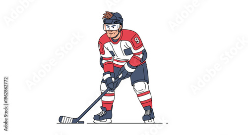 A male ice hockey player in full red and white uniform holds a stick, poised in a ready-to-play stance.