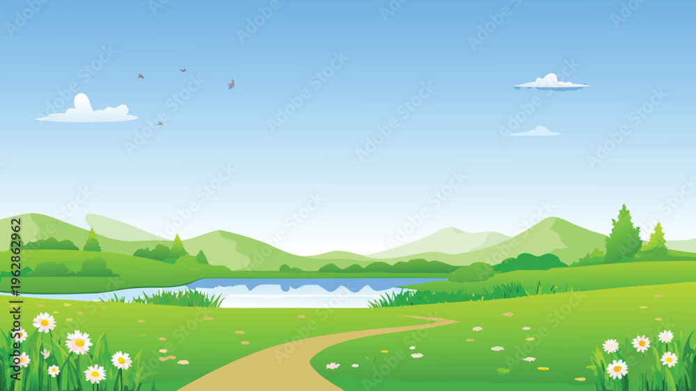 Fototapeta premium A serene landscape featuring green hills a winding path and blue skies