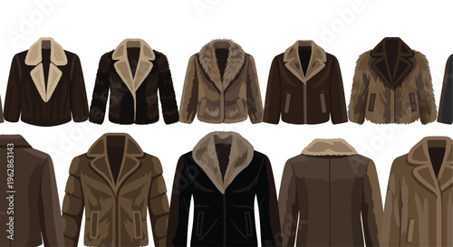 Various men's winter jackets with warm fur collars displayed in a seamless pattern against a clean white background.