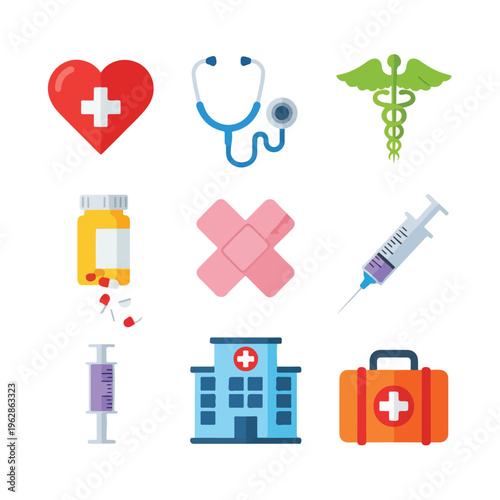Nine colorful, flat illustration medical icons heart, stethoscope, pills, and more