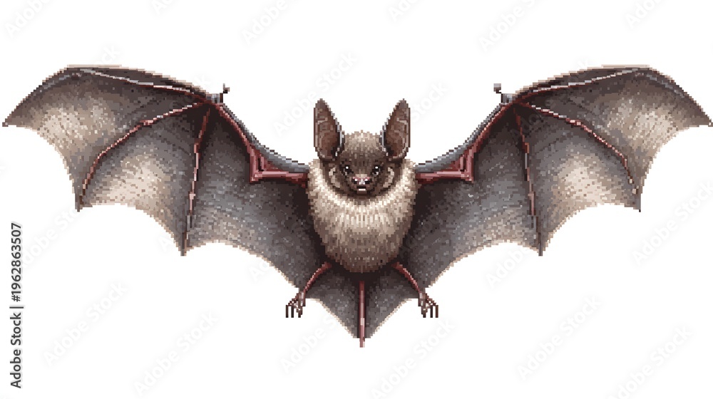 Fototapeta premium Spooky Bat Pixel Art Illustration With Spread Wings White Background