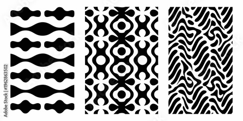 Three vertical panels displaying bold contrasting black and white patterns