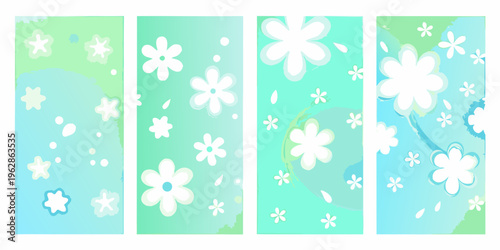 Four vertical panels with abstract floral patterns in shades of blue and green