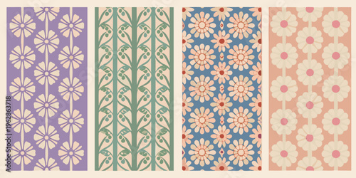 Four vintage floral patterned panels in pastel shades arranged vertically