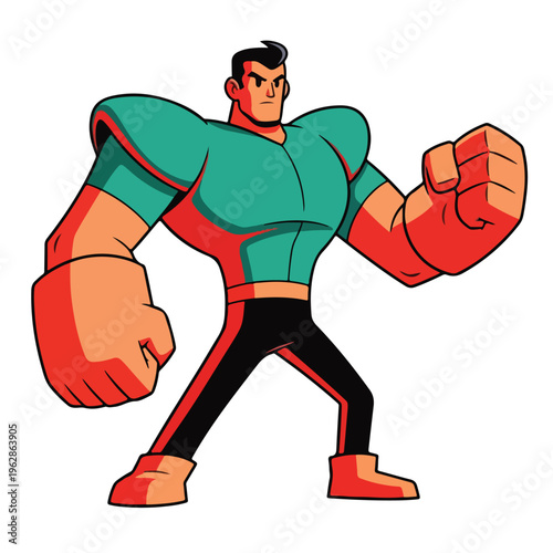 A cartoon muscular character with a clenched fist, standing on white