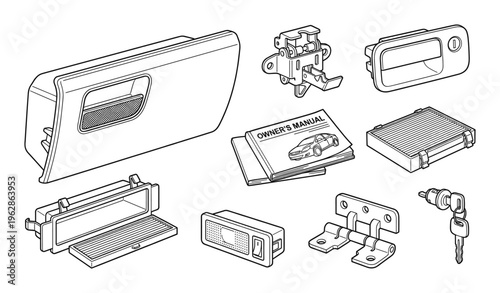 Glove compartment assembly with owners manual air filter and door handle lock repair set line art