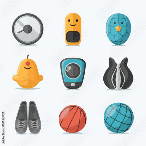 Nine colorful graphic objects displayed against a pale background