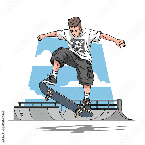 A cartoon of a skateboarder in mid-air performing a trick