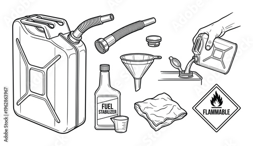 Fuel handling equipment set with metal gas can and funnel plus stabilizer bottle and safety signs