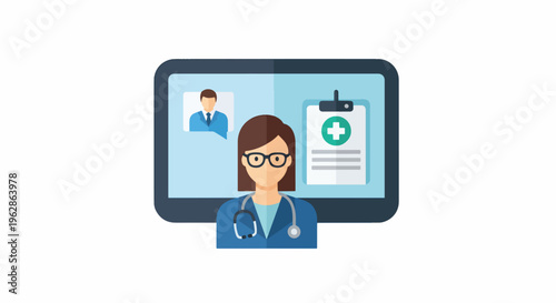 Female doctor with stethoscope on video call with male doctor on screen healthcare consultation