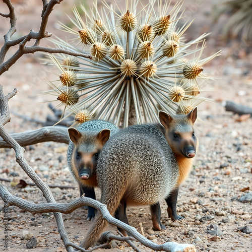 two desert javelina behind a bunch of spiny branch