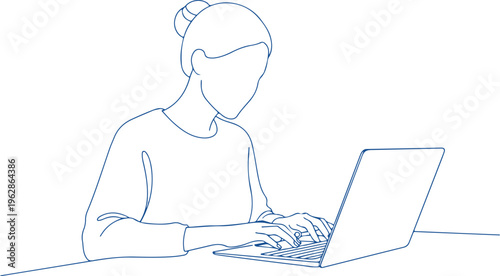 Female freelancer typing on a computer, clean line art drawing, remote work concept.