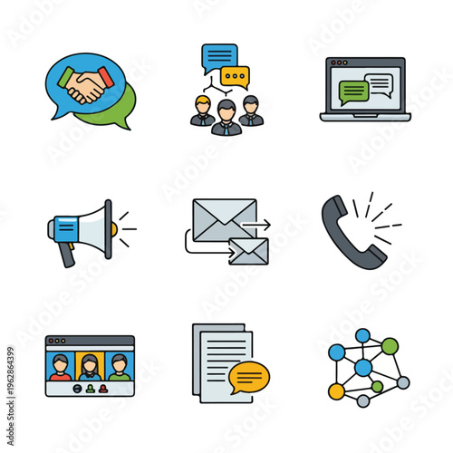 Nine colorful icons depicting communication and teamwork concepts, illustrations