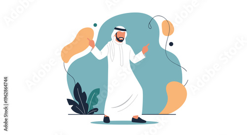 Happy Arab man in traditional white thobe and ghutra dancing against a colorful abstract background with plants and shapes.
