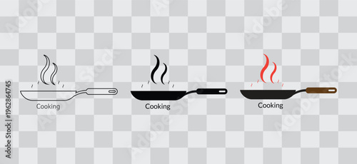 Set of cooking icons: frying pan with steam and flame, representing cooking process