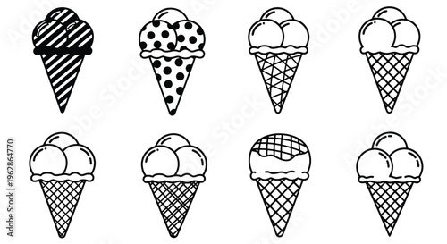 Eight different ice cream cones with various patterns and designs on a plain surface