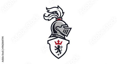 Medieval Heraldry Crest with Knight Helmet and Lion Shield