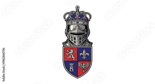 Medieval Heraldry Crest with Crown Helmet and Shield Design