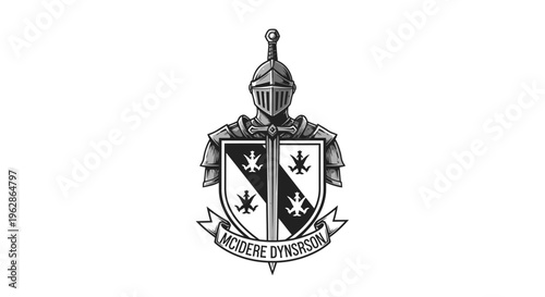 Medieval Heraldry Crest with Knight's Helmet and Shield Design