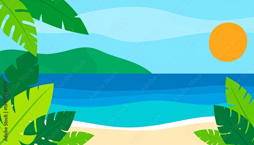 Fototapeta premium Tropical Summer Beach Landscape with Palm Leaves and Sun Vector Background
