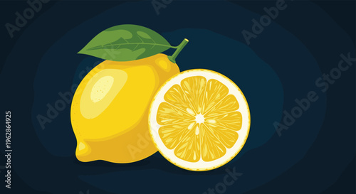Graphic illustration of a whole lemon with a green leaf and a perfectly sliced half showing the inner sections on a dark background.